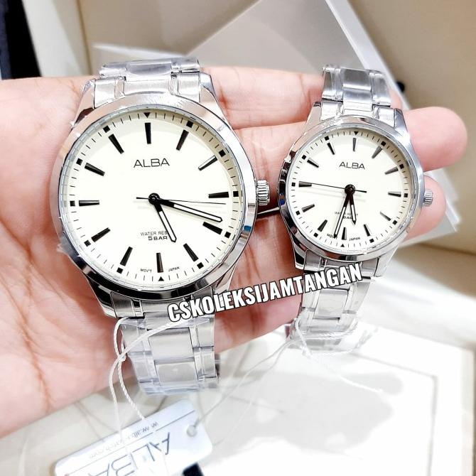 JAM TANGAN COUPLE JAM TANGAN COUPLE ALBA ARX021X1 & ARX039X1 SILVER CREAM ORIGINAL MURAH EL09I09A82L