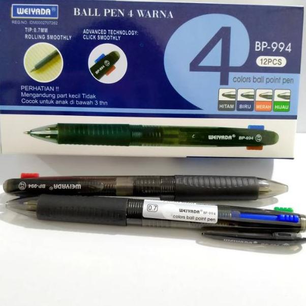 

Garansi Resmi (1 Lusin/ 12 Pcs) Bolpen/ Pulpen/ Pena/ Ball Pen 4 Warna Weiyada Bp-994