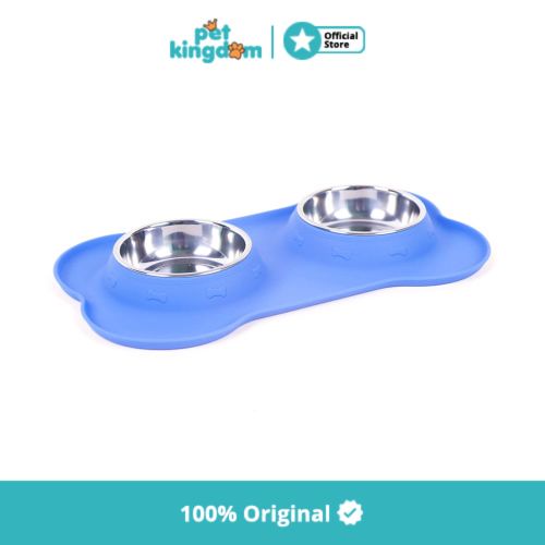 Tempat Makan Hewan Silicone Double Bowl Ukuran S - Biru