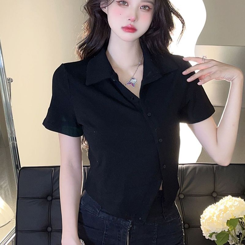 Red Musim Panas Baru Kancing Miring Lengan Pendek T-shirt Wanita Celah POLO Kerah Gadis Panas Keinginan Murni untuk Memakai Slim pinggang Pinggang Top