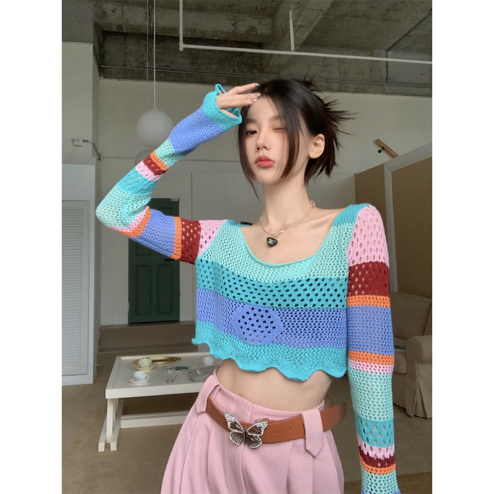 Red Design sense color contrast hollow short section navel knitwear summer fashion hot girl slim slim sunscreen tops fashion wanita