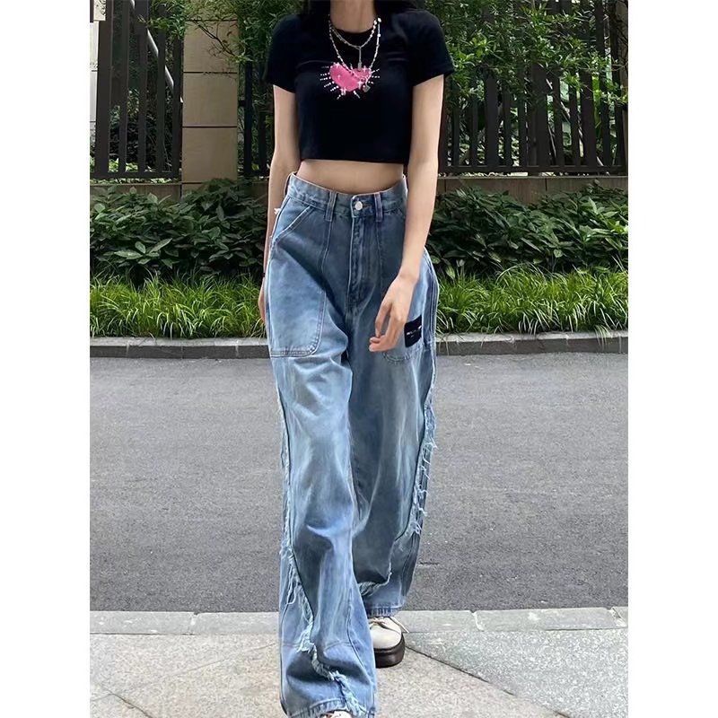 Red Eropa dan Amerika Splicing Retro Jeans Wanita Musim Gugur Bagian Tipis Rasa Desain Tinggi dan Tipis Lebar Mengepel Celana In Tide