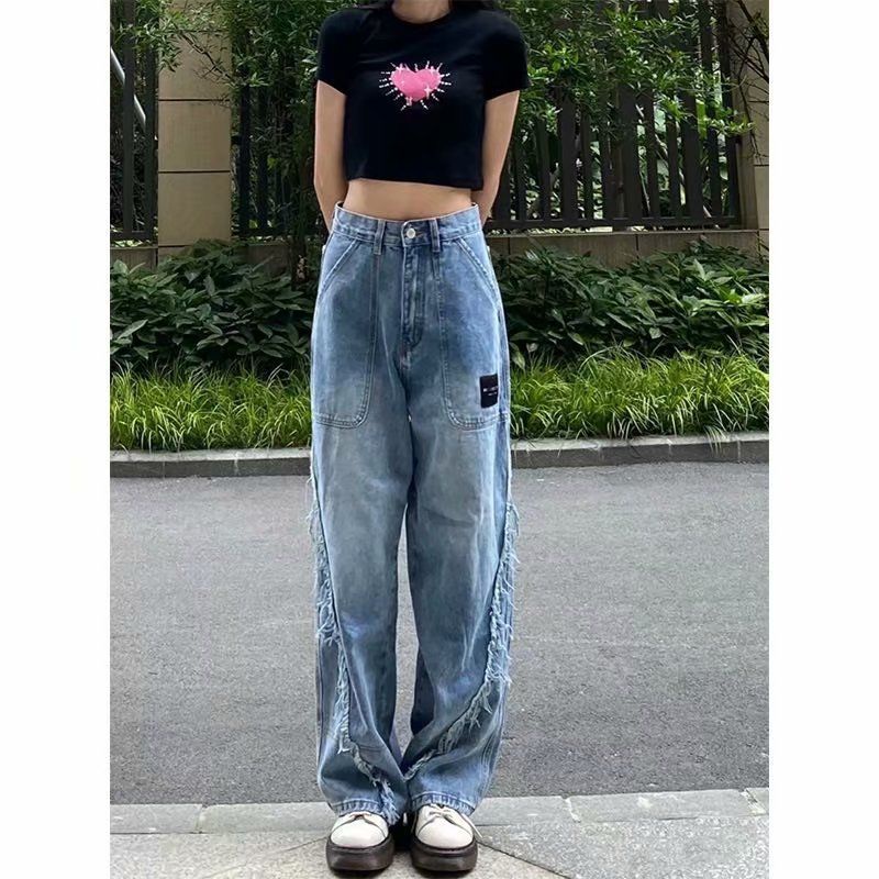 Red Eropa dan Amerika Splicing Retro Jeans Wanita Musim Gugur Bagian Tipis Rasa Desain Tinggi dan Tipis Lebar Mengepel Celana In Tide