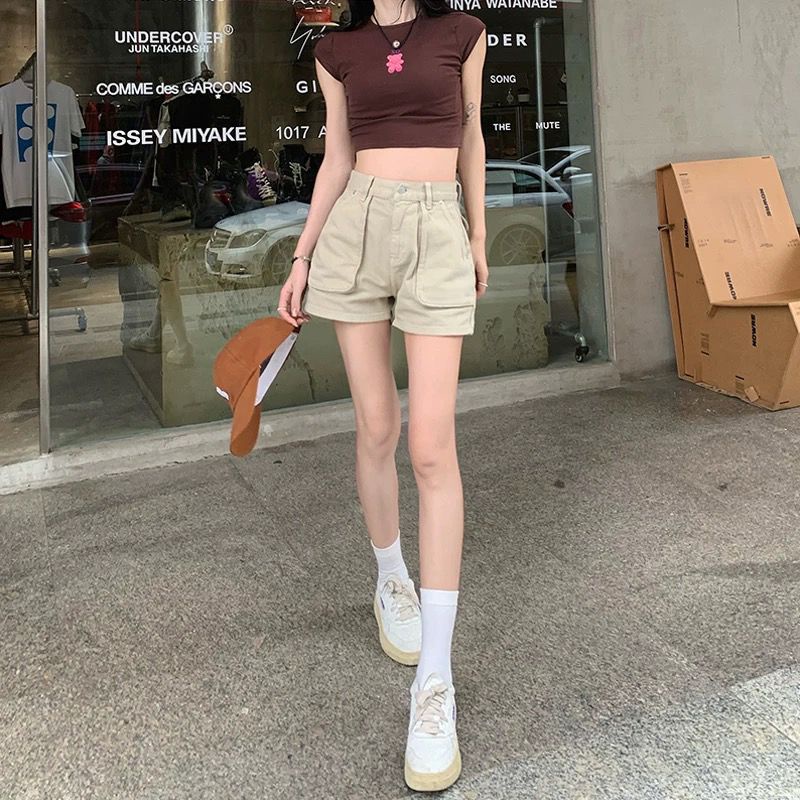 Red Retro Saku Besar Perkakas Denim Celana Pendek Wanita High Waist Slim Khaki Lurus Kaki Hot Pants Longgar Hip-mengangkat A-line Celana Pendek