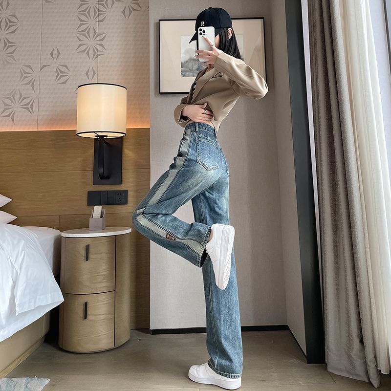 Red Pinggang tinggi lurus musim panas bagian tipis baru longgar retro tinggi kaki lebar kepribadian gaya elegan mengepel jeans wanita