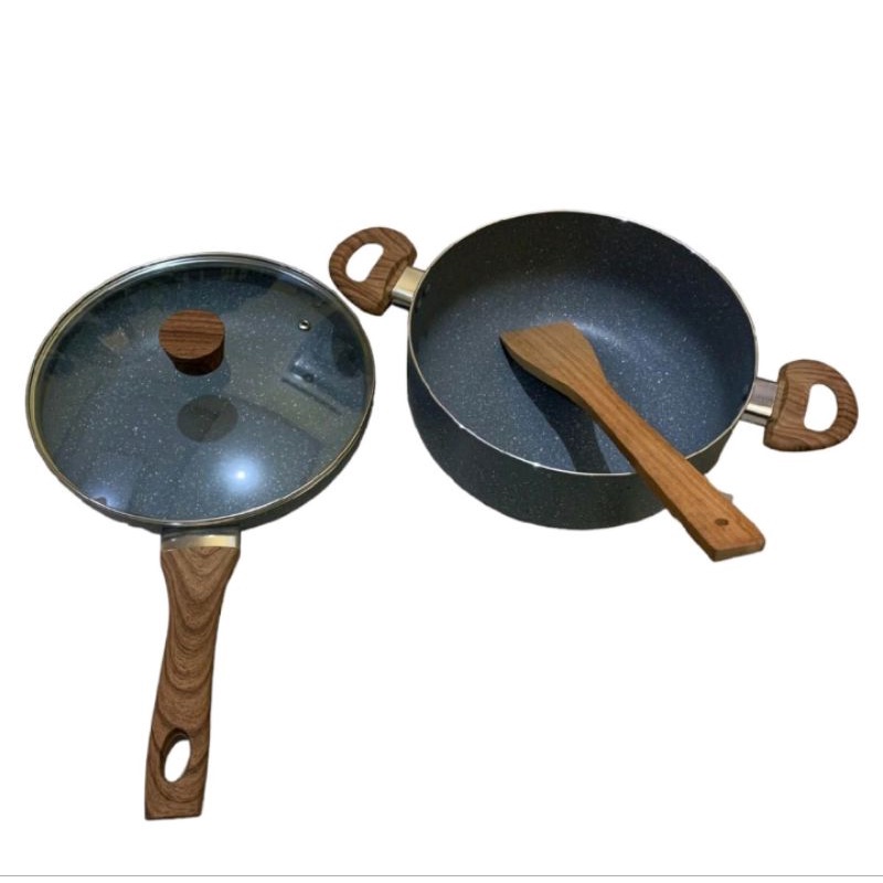 (keluargastore)Cookware Set panci Set 2 pcs keramik Marble Coating anti lengket + FREE Sutil