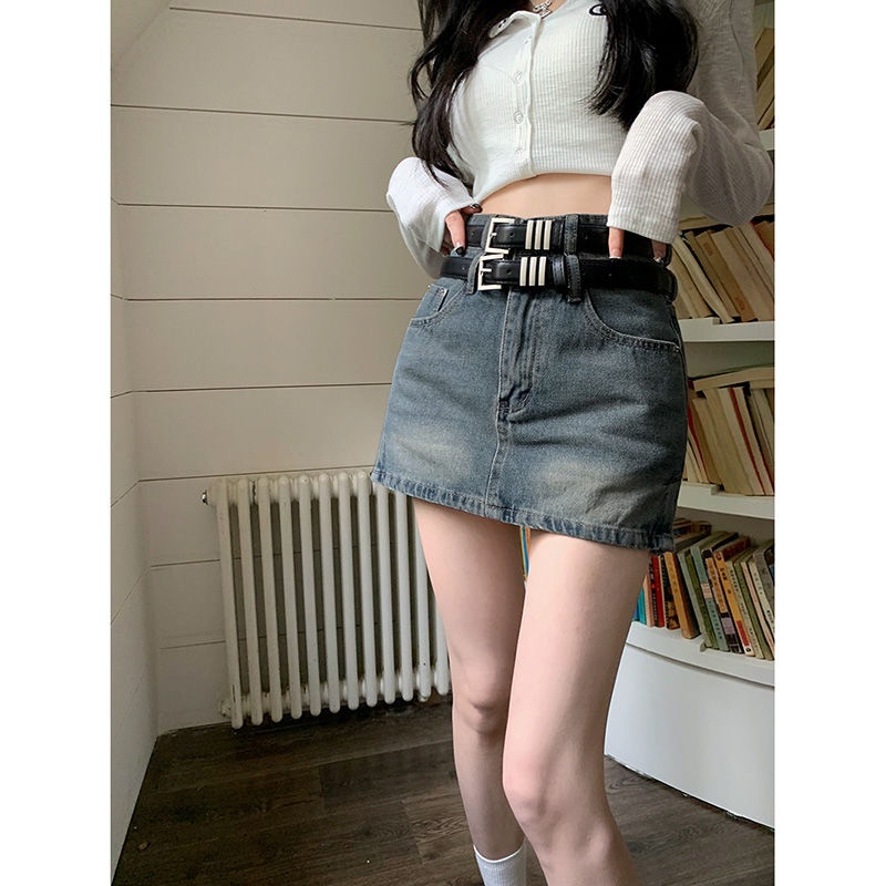 Red Spice girl rok denim retro wanita musim semi dan musim panas double belt setengah rok pinggang tinggi ramping tas rok pendek kecil rok pinggul