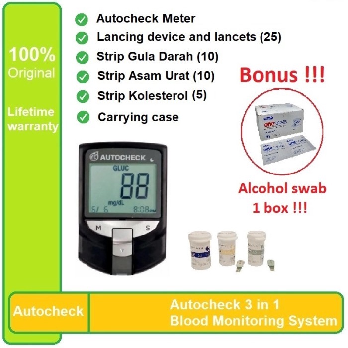 Auto Check Alat Tes Gula Darah Kolesterol Asam Urat 3 in 1