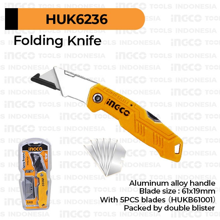 Folding Knife HUK6238 INGCO Pisau Lipat Tukang Gagang Aluminium