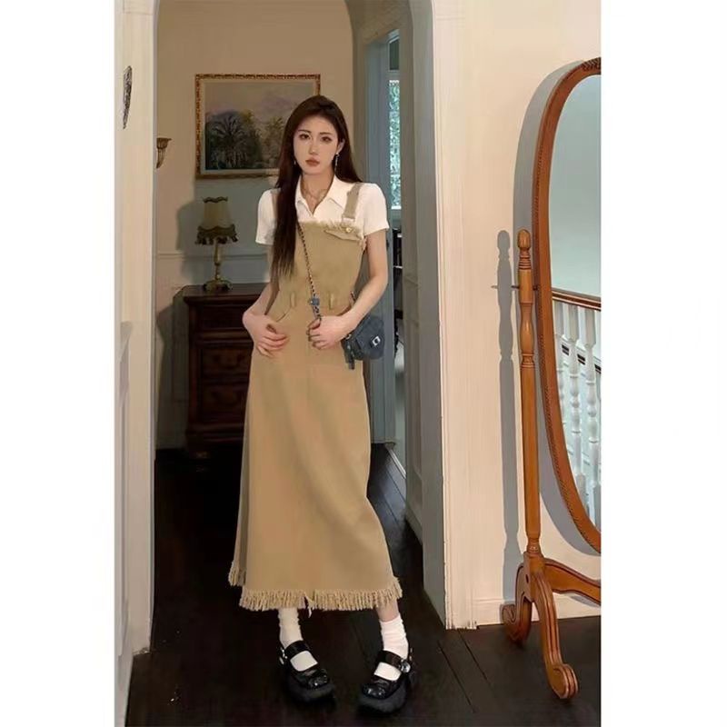 Red Gaya Inggris retro ceruk desain khaki denim suspender rok perempuan + polo kerah kemeja putih one piece/setelan