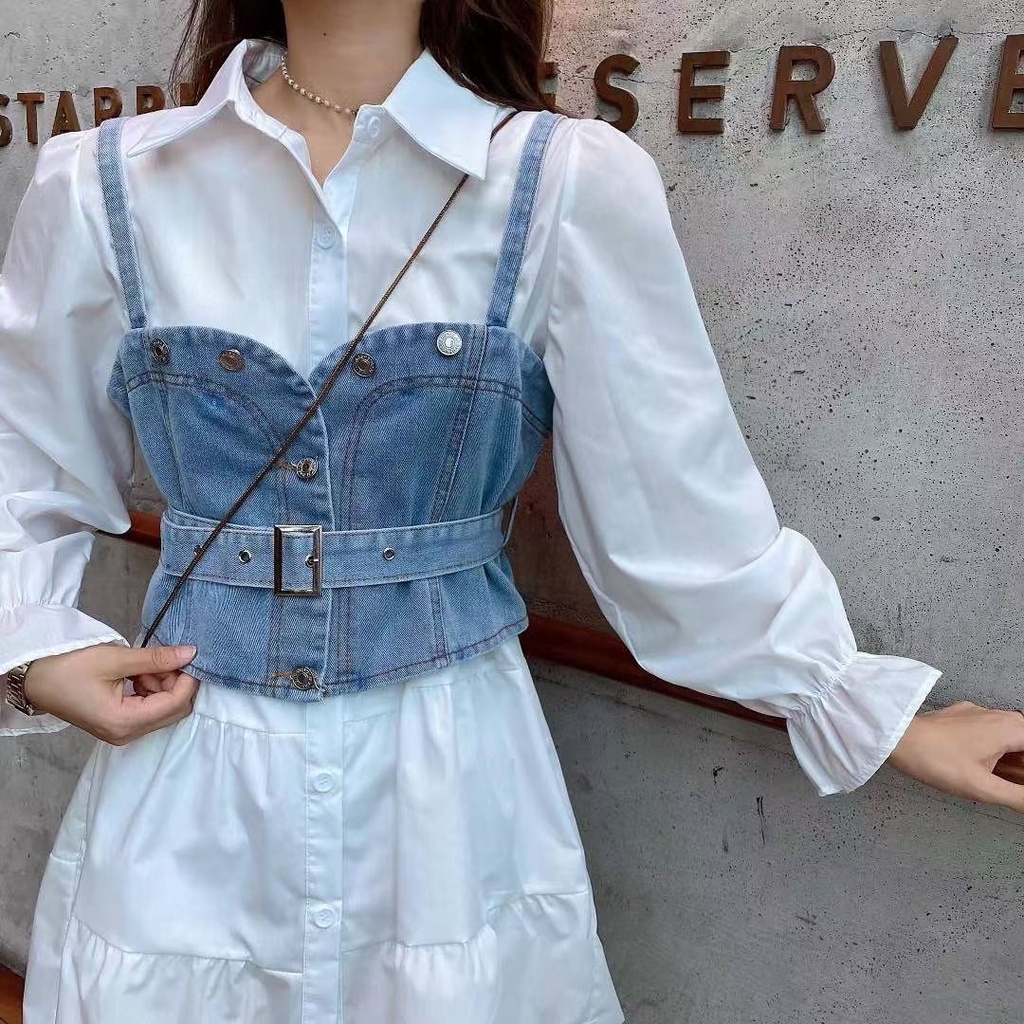 Red Setelan rompi wanita musim gugur mode baru gaya asing pengurangan usia single-breasted kemeja rok denim kamisol pakaian luar