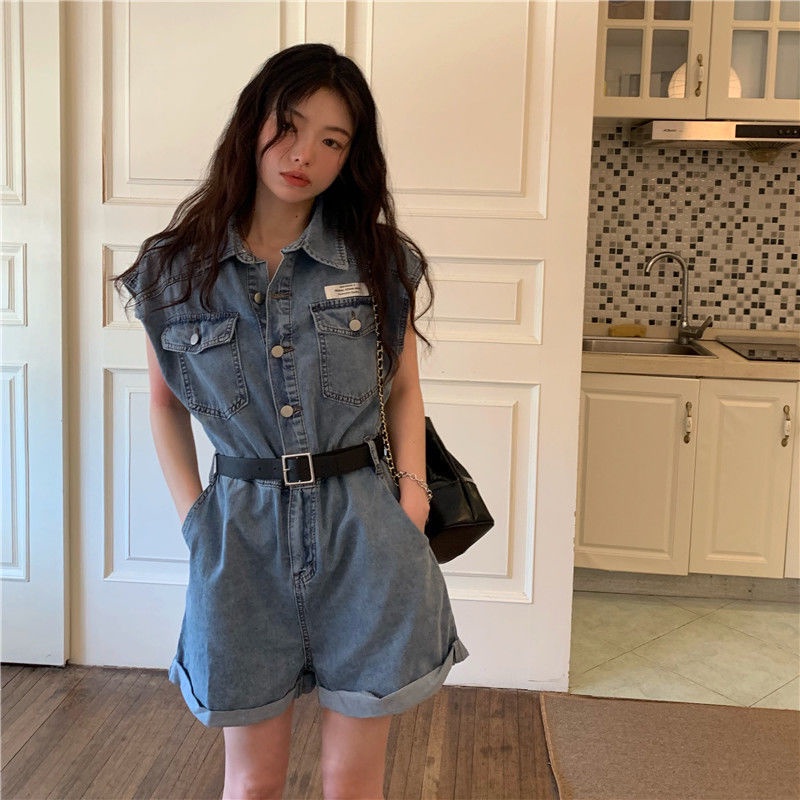 Red Perkakas denim jumpsuit wanita musim panas gaya gadis longgar celana lebar kaki celana pendek jumpsuit tanpa lengan retro setelan trendi