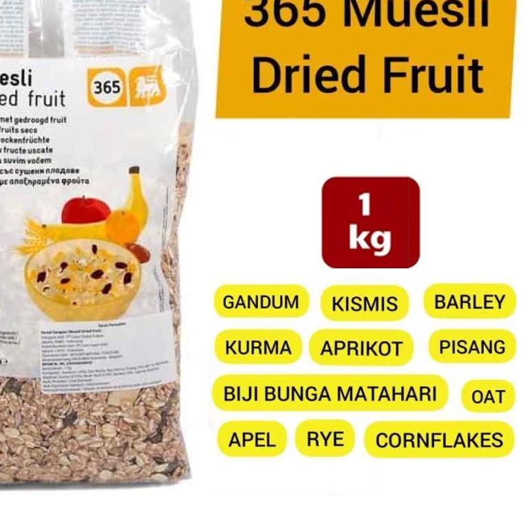 

PROMO✅Muesli Dried Fruit 365 Sereal Sarapan Vegan oat apermut 1kg 1 kg
