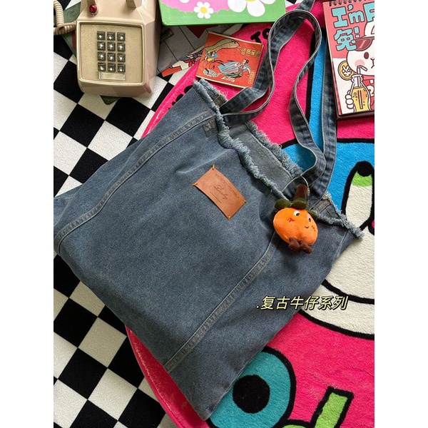 ❍Sera  Versi Korea Musim Semi dan Musim Panas All-Match Kapasitas Besar Denim Tas Bahu Wanita Komuter Tas Siswa Jepang tas Kelas Tas Retro