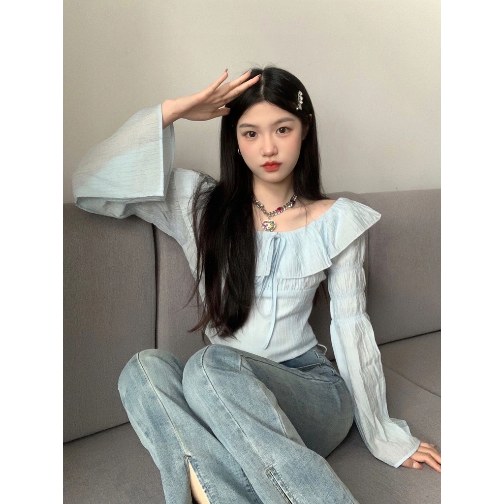 Red Musim semi baru satu bahu keinginan murni atas gadis balet dingin gaya lembut high-end T-shirt lengan panjang wanita