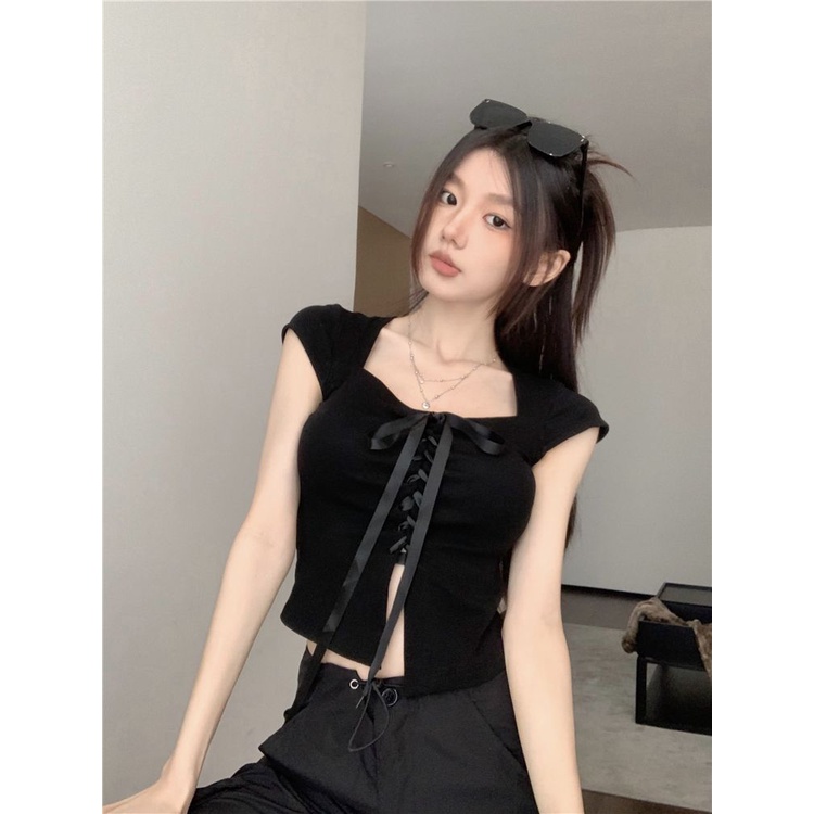 Red Sexy black square collar t-shirt lengan pendek musim panas desain baru straps slimming slim hot girl tops