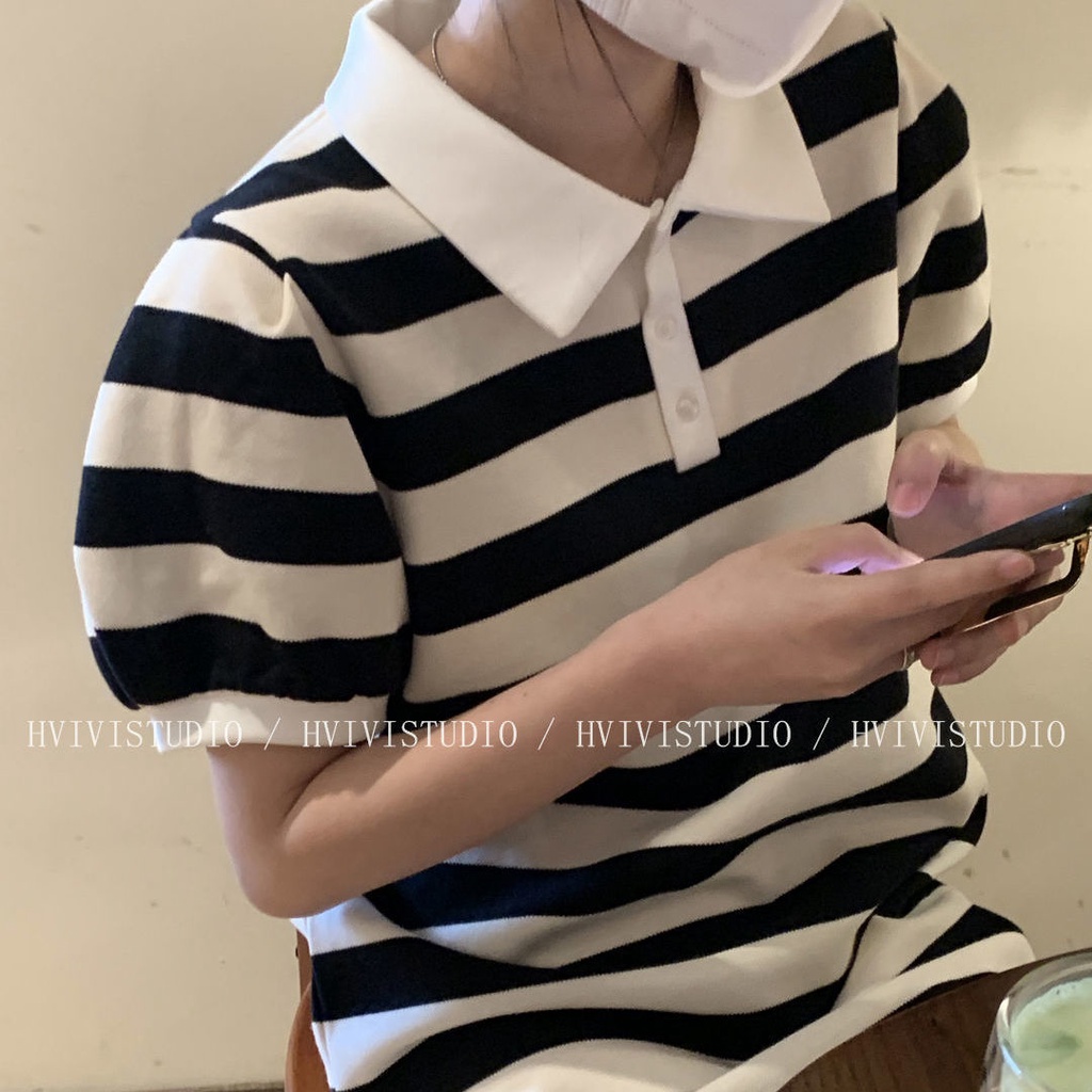 Red Musim Panas Bergaris POLO Kerah Puff Lengan Gaun Wanita Versi Korea Gaya Malas Longgar Lengan Pendek Panjang T-shirt rok Tide