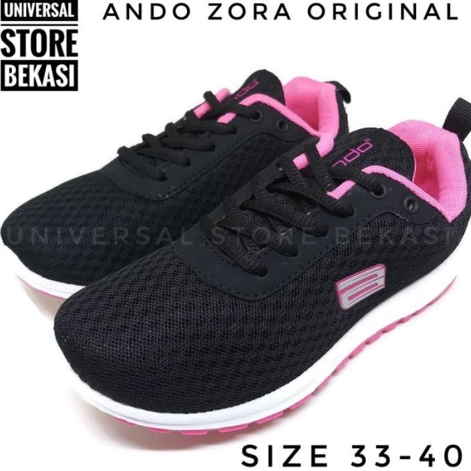 Sepatu Ando Zora Hitam Pink Tali Sepatu Sekolah Tk SD Anak Perempuan