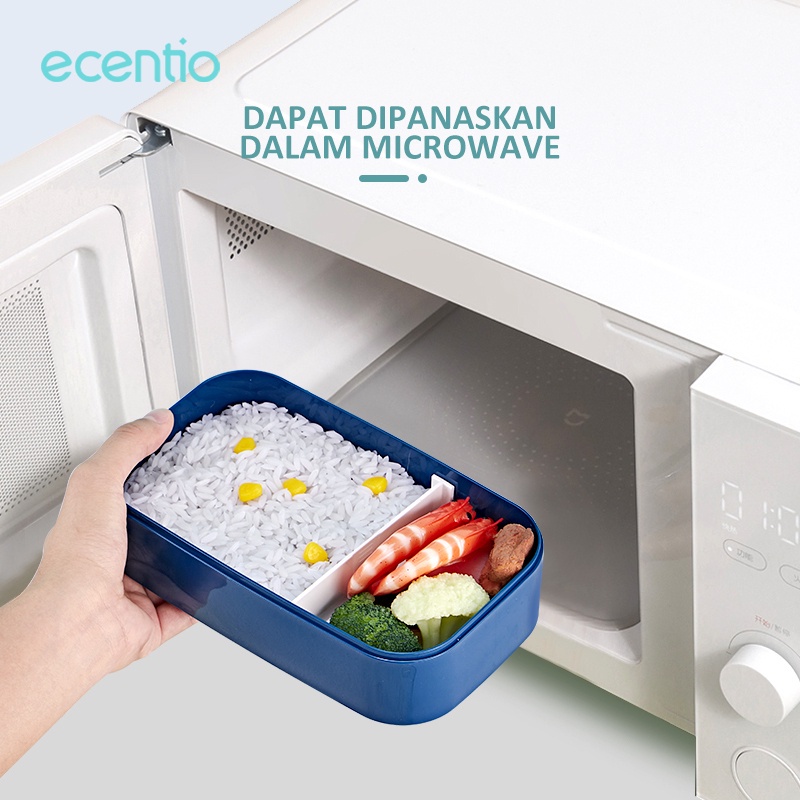 ecentio Kotak Bekal Anti Bocor Kotak Makan 2 susun 1600ml Dark biru tempat makanan Double layer Bento lunch box set Free sendok&amp;sumpit warna