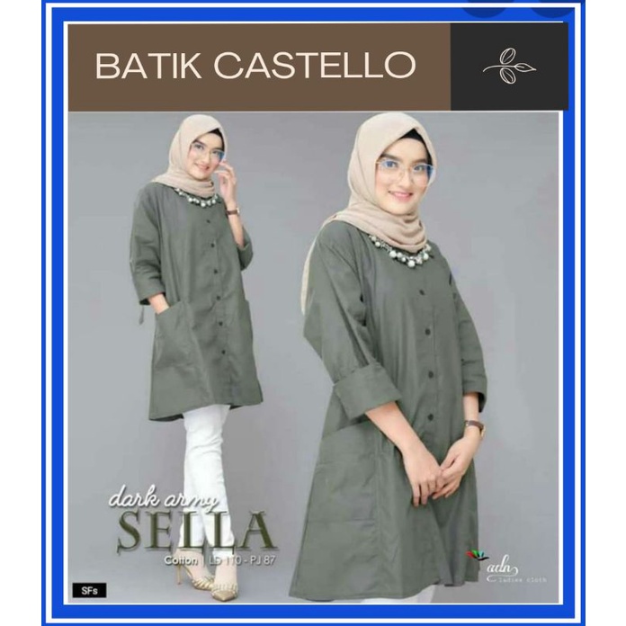 Kemeja Kerja Tunik Wanita Kancing Full Hidup Polos Bahan Toyobo Army (sella tunik)
