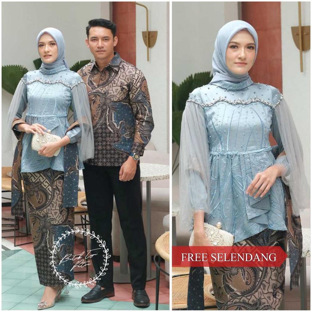 BATIK COUPLE KEBAYA VANILLA BIRU Couple Kebaya Modern Baju Tunangan Wisuda Lamaran Baju Batik Brokat