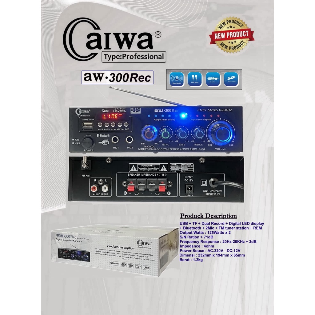 Power Amplifier Bluetooth Caiwa AW-300Rec Karaoke Stereo MP3 Player Ampli Bluetooth Karaoke FM Radio TF Card USB BT AUX | Power Amplifier Caiwa AW-300Rec Amplifier Bluetooth | FMS