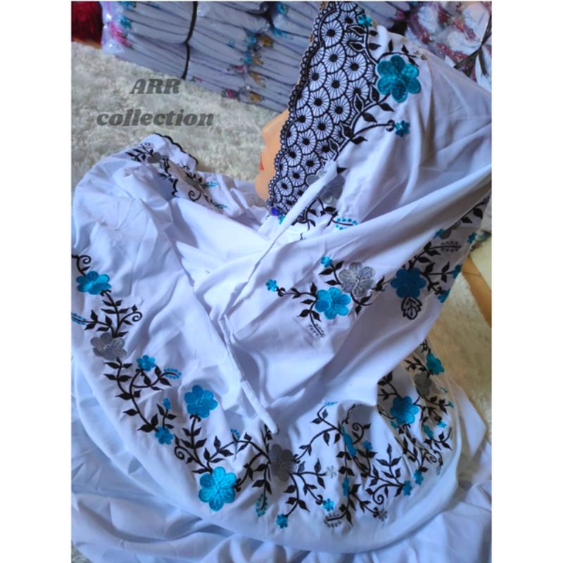 Mukena Mukenah Rukuh Terusan Langsung Dewasa Remaja Katun Polino Putih Bordir Bunga Santri Pesantren