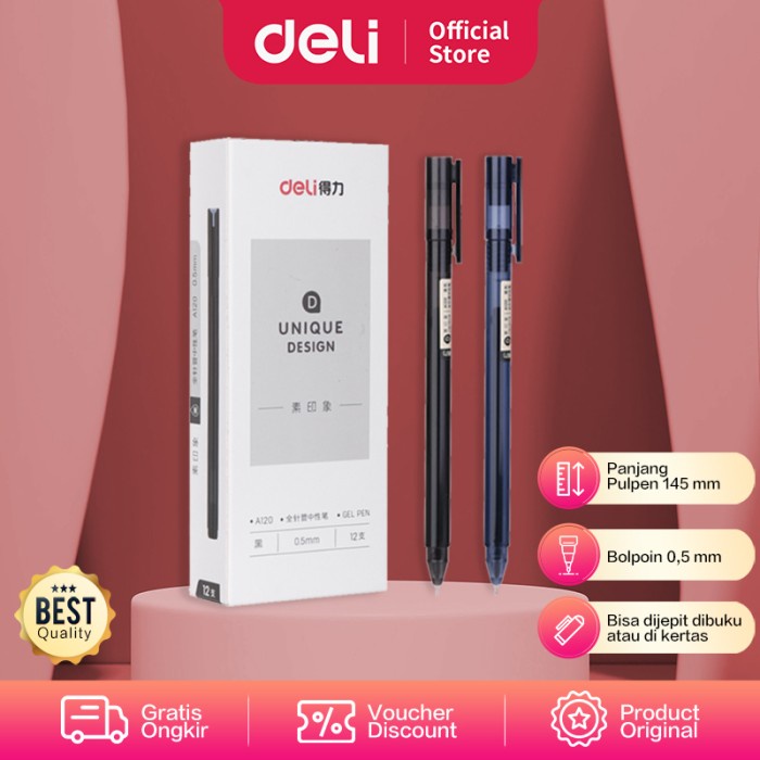 

Discount Deli Gel Pen / Pulpen Gel 0.5mm Tinta Hitam Isi 12pcs Desain Unik A120 /ALAT TULIS