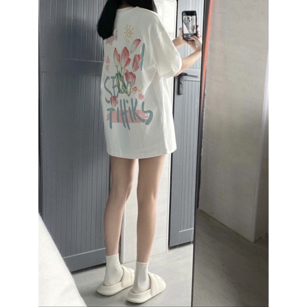 Red 100% Katun Berat 230G Putih Putih Gaya Amerika Tipis Lengan Pendek T-shirt Wanita Oversize Rose Top