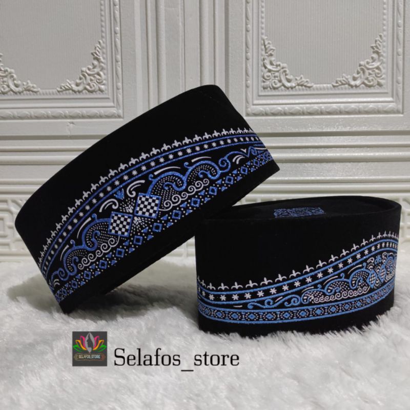 PECI MURAH SONGKOK KOPIAH HITAM MOTIF BATIK BIRU TINGGI 9CM - PECI BERKUALITAS KEREN BISA BAYAR DI T