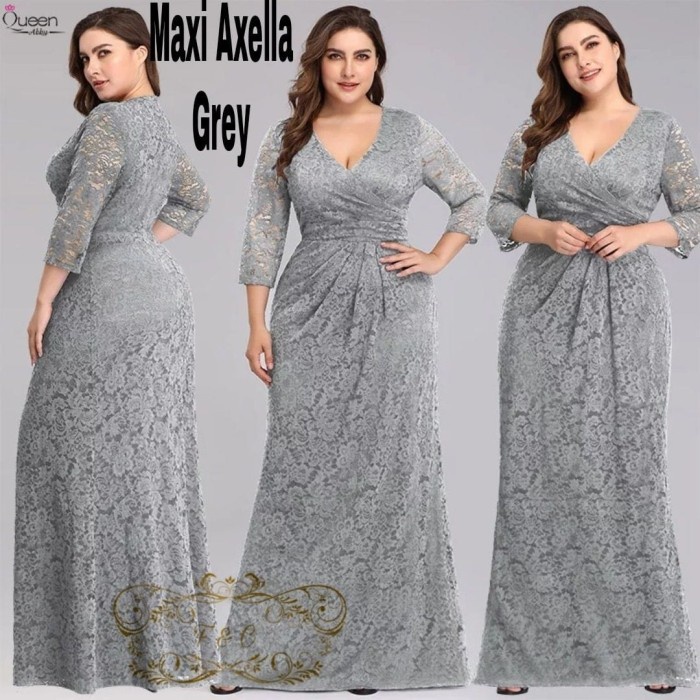 Baju Terusan Wanita Casual Dress Maxi Brukat Gaun Pesta Jumbo Kondangan Big Size XXL - Abu-abu adem 