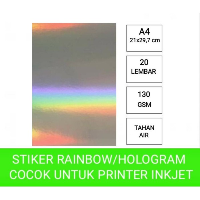 

TERLARIS STICKER VINYL RAINBOW INKJET A4 ISI 20 LEMBAR KERTAS STIKER HOLOGRAM /BUKU TULIS