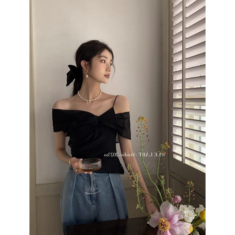 SuhaoAtasan Tali Spageti Off-Shoulder Wanita, Blus Off-Shoulder Seksi Keinginan Murni Jala Jahitan P