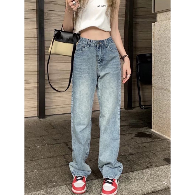 Celana jeans lurus retro wanita musim panas gaya Hong Kong all-match celana ramping pinggang tinggi longgar tinggi mengepel celana lebar kaki