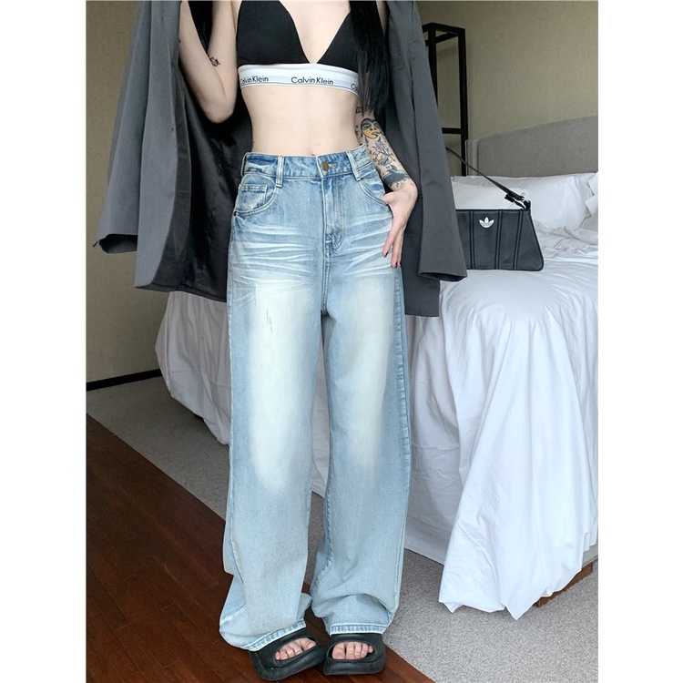 Celana Jeans Wanita Warna Muda Retro Musim Panas 2023 Baru Tinggi Pinggang Lurus Mengepel Celana Longgar Lebar Kaki Celana Panjang