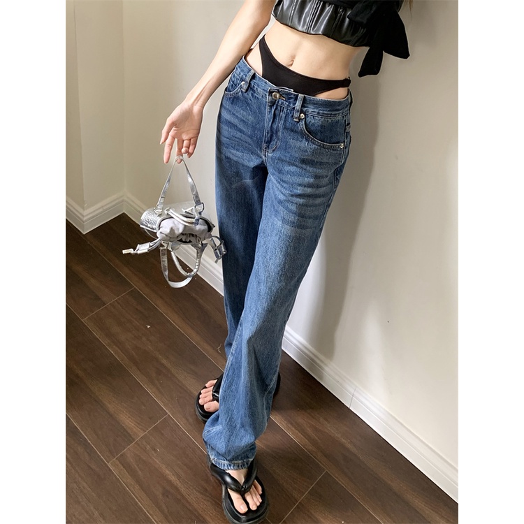 Pinggang rendah bikini jahitan jeans wanita musim panas desain ceruk celana kaki lurus longgar celana lebar kaki ramping