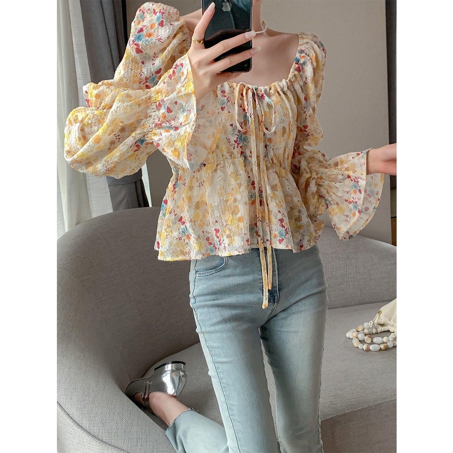 Suhao2023Atasan Baju Sifon Motif Bunga, Baju Atasan Sifon Motif Bunga, Baju Kerut Lengan Puff Off-Ne