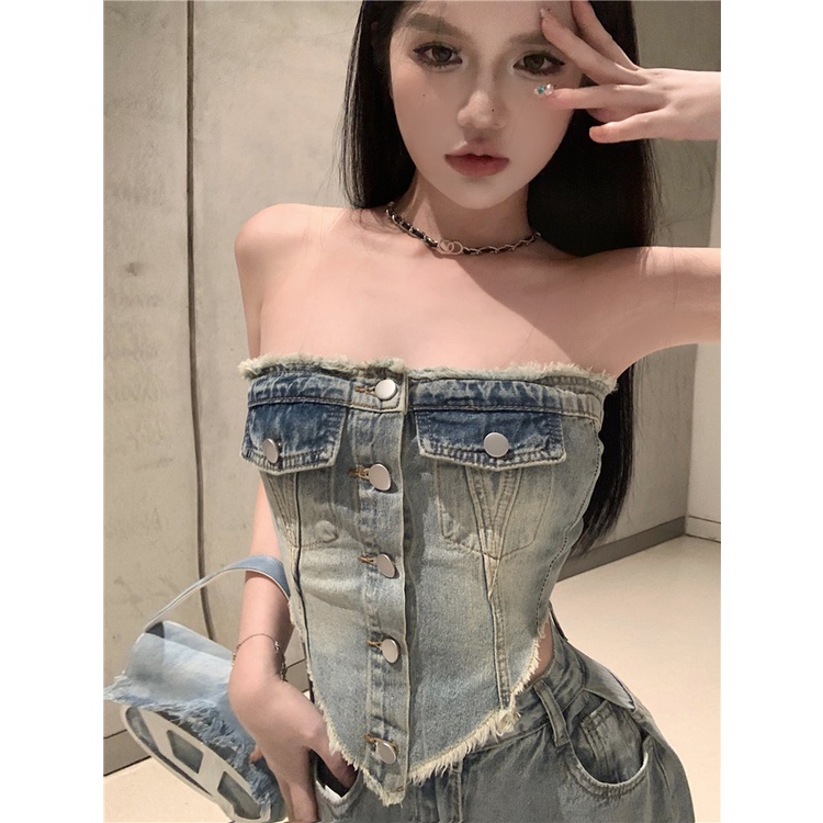 Retro celana jeans berwarna terang wanita musim panas pinggang tinggi longgar robek celana lebar kaki celana kaki lurus mengepel celana hot girl