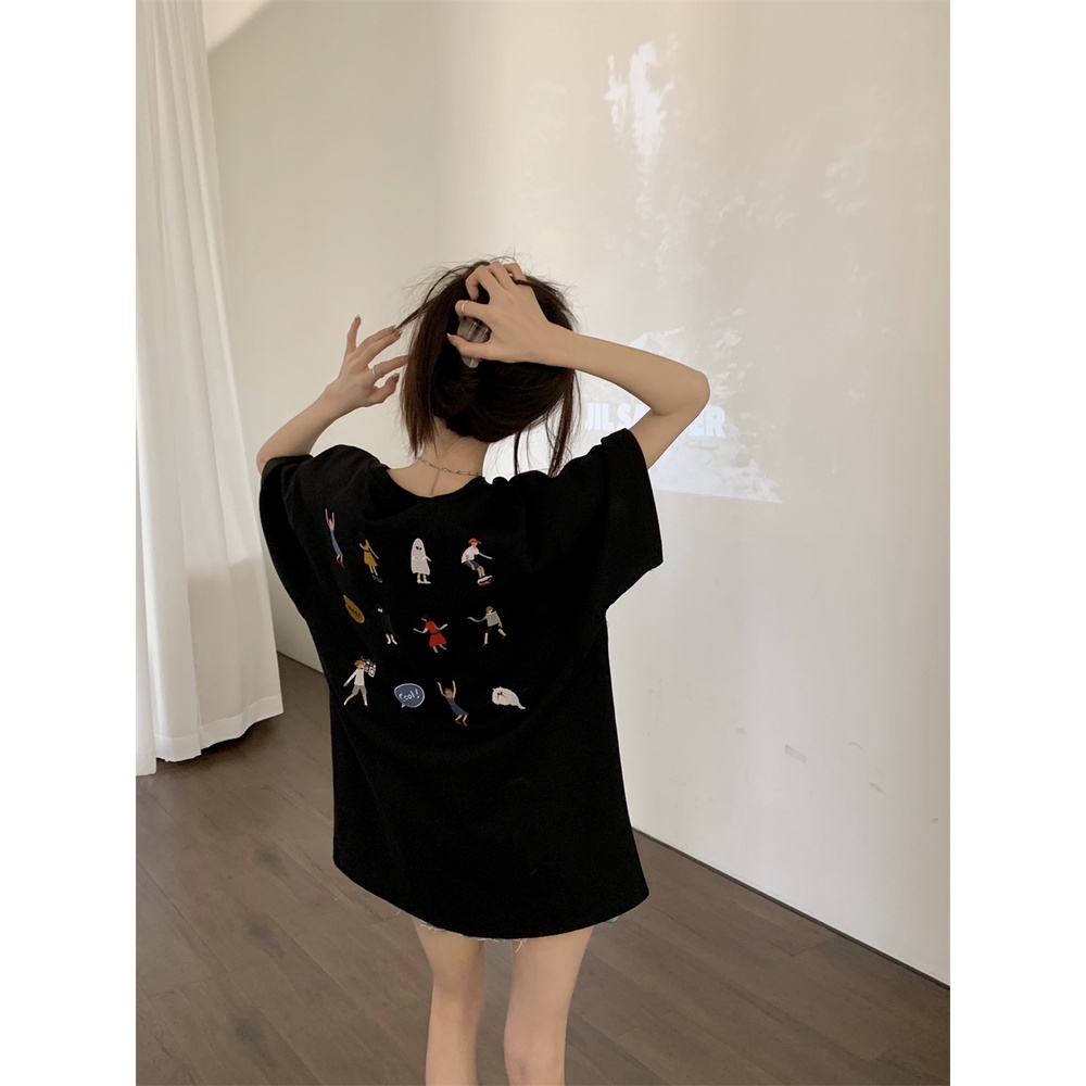 ☍#COD Suhao Versi Korea dari T-shirt Lengan Pendek Wanita Musim Panas 2023 Baru Leher Bulat Longgar Kartun Bordir All-Match Design sense Niche Atasan