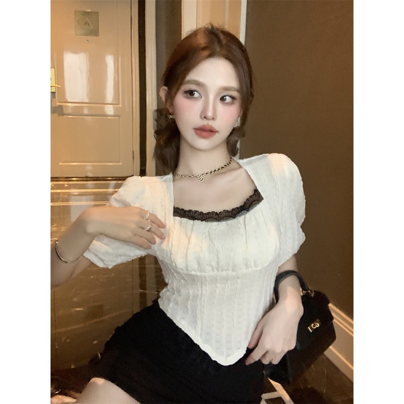 ✸۩❒#COD Suhao Temperamen Irregular Lace Stitching Chiffon Shirt Wanita Musim Panas Putih Puff Sleeve Lipat Square Neck Slim Short Top