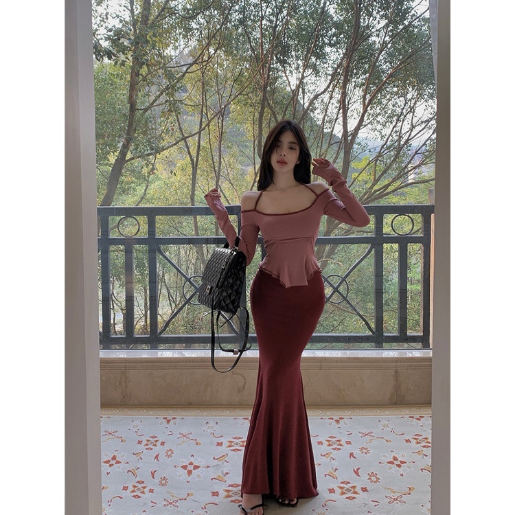 ◊#COD Suhao Hot Girl Suit Lengan Panjang Menggantung Leher T-shirt Pakaian Wanita Musim Semi 2023 Baru Tinggi Pinggang Seksi Tas pinggul Rok Dua Potong Set