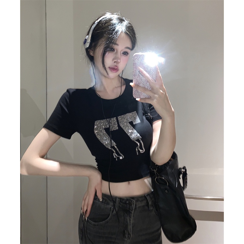 ❧#COD Suhao industri berat berlian lengan pendek T-shirt wanita musim panas keinginan murni huruf putih bahu depan ketat manis hot girl crop top pendek