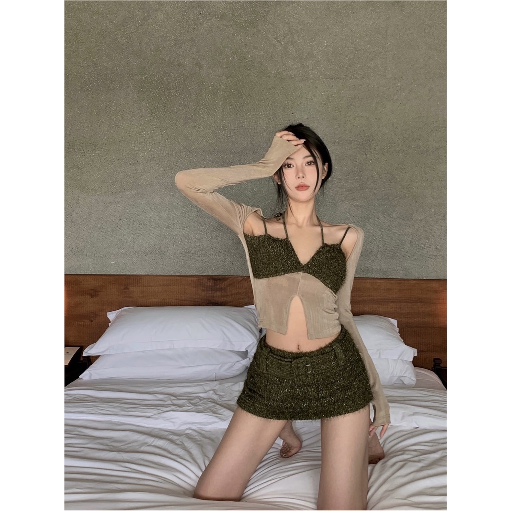 ▥♙❒#COD Suhao hot girl menggantung leher lengan panjang T-shirt wanita musim semi 2023 baru desain klavikula rasa ceruk jahitan slim top pendek