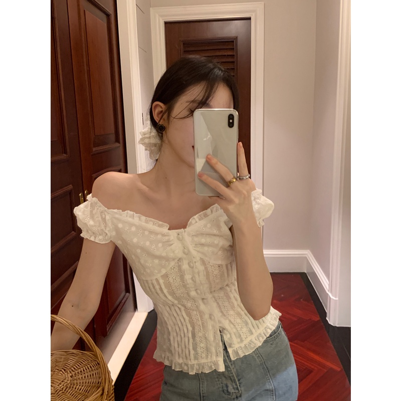 ℗△✠#COD Suhao manis hot gadis renda renda lengan pendek T-shirt wanita musim panas keinginan murni angin tulang selangka one-shoulder seksi slim-fit top