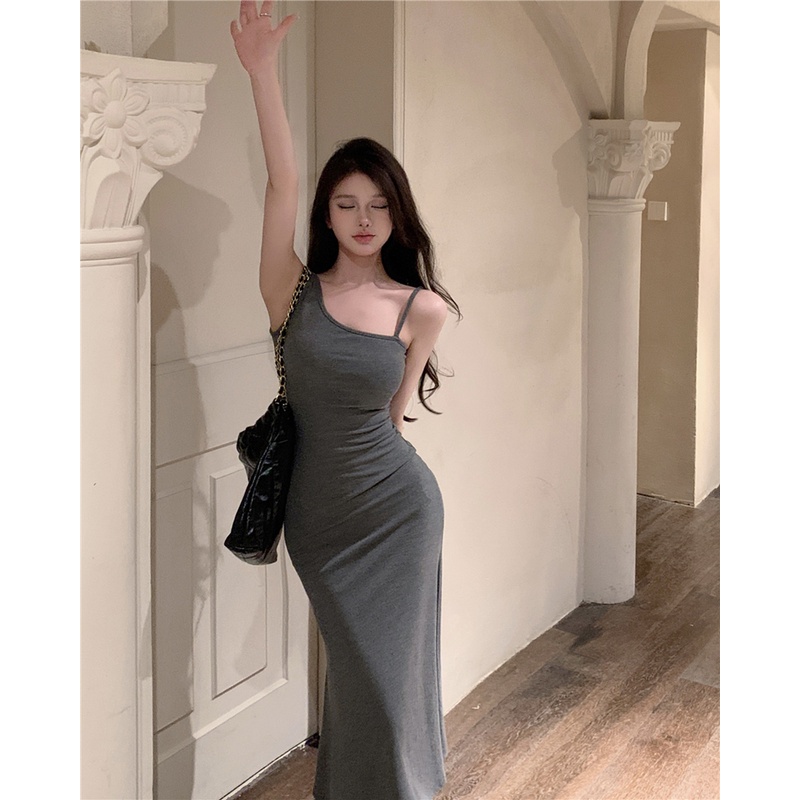 ☜☃#COD Suhao Gaya perancis tali selempang gaun dengan bantalan dada wanita musim panas pinggang seksi tas pinggul rok putri duyung temperamen high-end mid-panjang rok