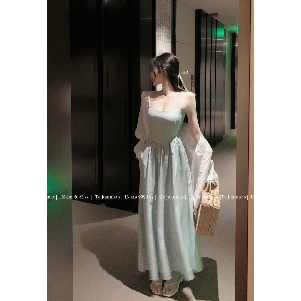 ☌#COD Suhao Spice girl halter strap suspender dress wanita musim panas murni keinginan rok chic rasa desain ceruk splicing mid-panjang rok