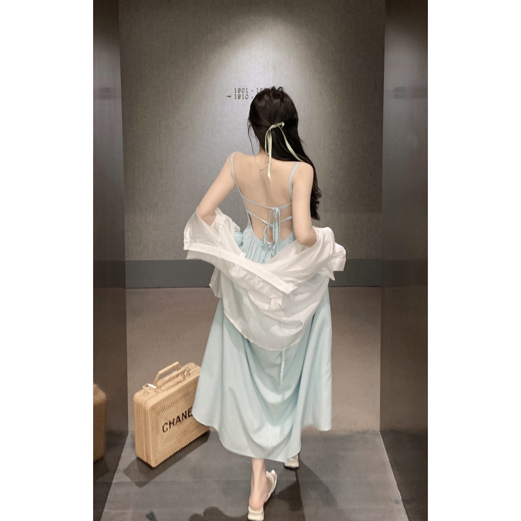 ☌#COD Suhao Spice girl halter strap suspender dress wanita musim panas murni keinginan rok chic rasa desain ceruk splicing mid-panjang rok