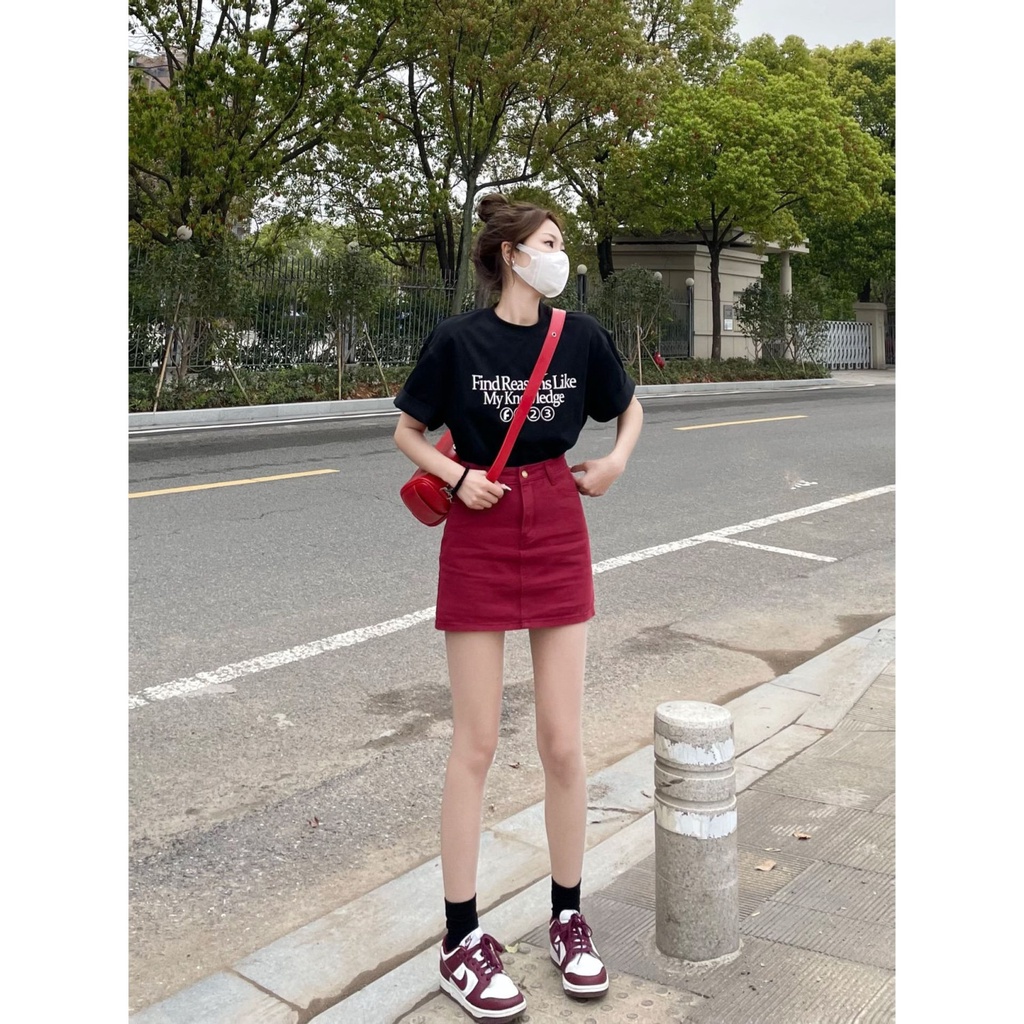 Red Pinggang Tinggi Denim Rok Pendek Wanita Musim Panas Baru Rok A-line Pelangsing All-Match Ukuran Besar Tas Penutup Pinggul Rok Pinggul High Street