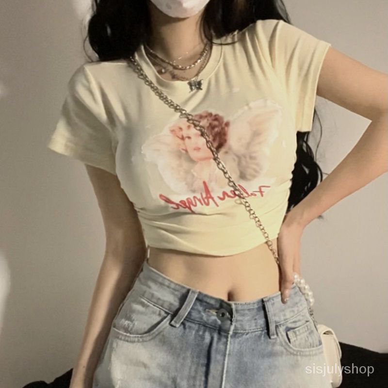 [✅BISA COD] #Sisjuly# Atasan Y2K wanita / kaos lengan pendek leher bulat dasi serut motif kerub / at