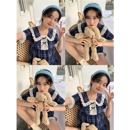 ™stelan baju tidur wanita Xinbangbang Homedress cute doll collar short-sleeved homewear set student plaid pajamas women summer #COD baju tidur wanita bahan kaos